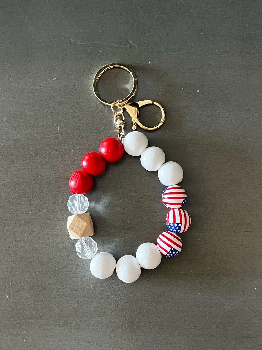 Red White Blue Wood Bead USA Flag Keychain Bag Purse Charm Stretch Bracelet